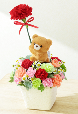 母の日 花キューピット くまのマスコット付きアレンジメント